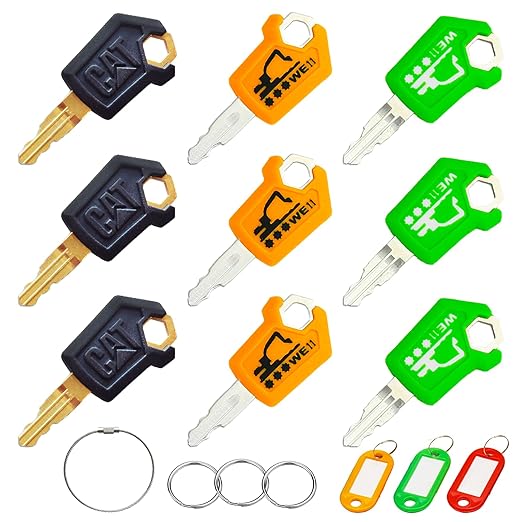 New Cat 5P8500 Equipment Key Set, 3 Colors Caterpillar Loaders Excavators Ignition Keys with 3 Extra Color Key Tags & Keyrings