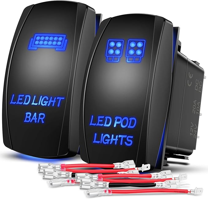 Nilight 2 Pack Led Pod Lights Rocker Switch Light Bar 5 Pin Laser On Off SPST Switches 20A/12V 10A/24V Blue with Jumper Wires Set for Cars Trucks RVs