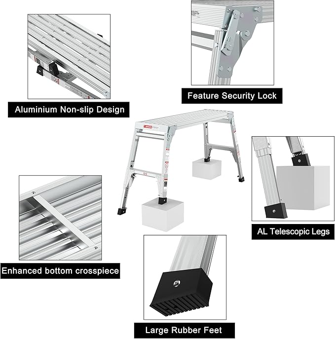 40" Aluminum Folding Work Platform/Step Stool with Telescoping Legs 22" - 27.5" Height Adjustable - 225 lbs, Non-Slip, Portable Ladder Bench for Washing, Painting