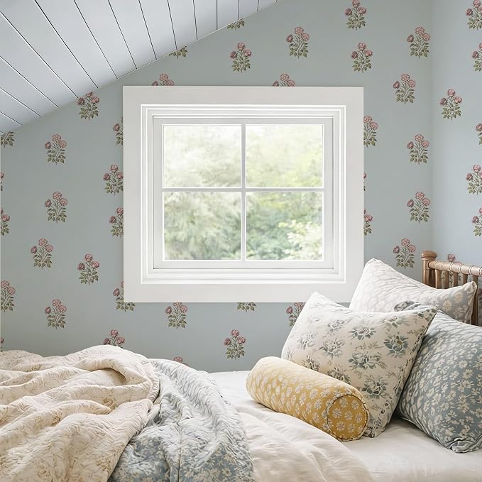 17.3" x 393.7" Vintage Blue Floral Wallpaper Peel and Stick Boho Wallpaper Removable Waterproof Rose Pattern Contact Paper for Bedroom, Bathroom, Home Wall