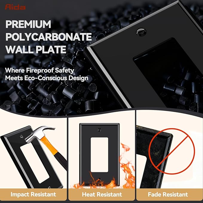 AIDA 1-Gang Midsize Light Switch Cover Plate, Decorative Outlet Covers - Glossy Black, 1-Pack Unbreakable Polycarbonate Wall Plates for Decorator Device, UL Listed, 4.88" H x 3.13" L