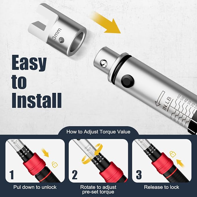 VANPO Spoke Torque Wrench, 10–60 in-lb, for Motorcycle Wheel Maintenance | 1/4" Drive Small Torque Wrench Kit with 9 Spoke Wrench Heads (5.1-6.9mm) & Spline, Spoke Wrench for Mountain, Road Bike