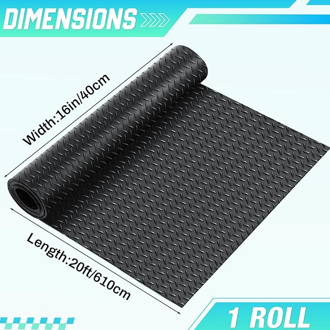Breling 16 in x 20 ft Rubber Diamond Plate Rolls Garage Floor Mat for Under Car, Heavy Duty Flooring Rug for Trailers Garage, PVC Water/Stain Outside Stall Resistant Parking Rv Tool(Black)