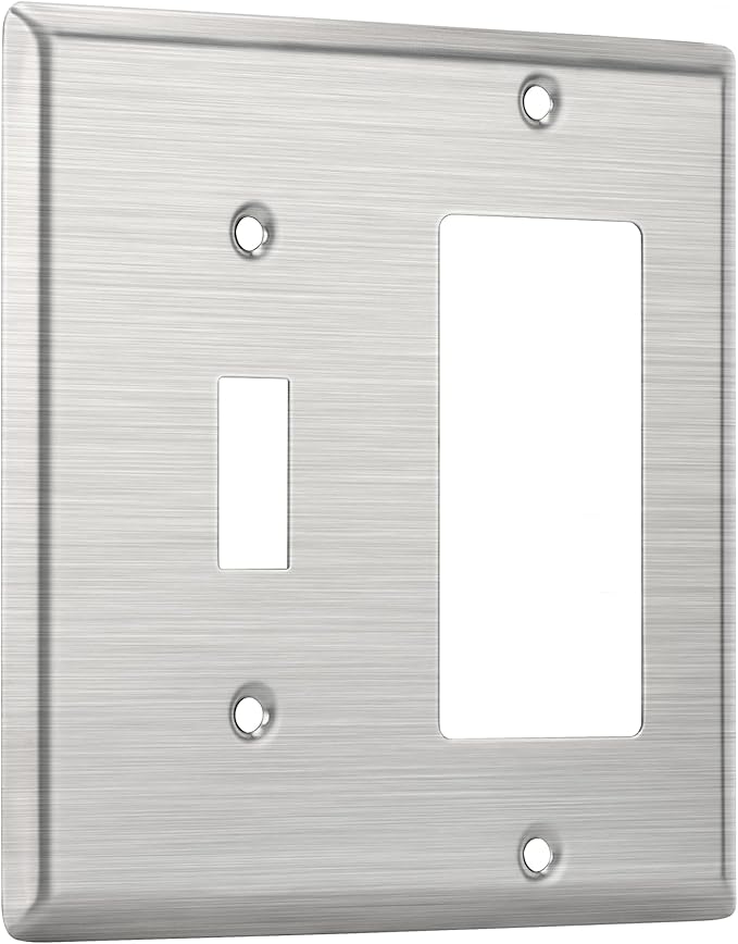 Bates- Combination Wall Plate, Toggle Switch/Decorator, Stainless Steel, Silver, 4.50"x4.57"/Standard Size, 2 Gang Wall Plate