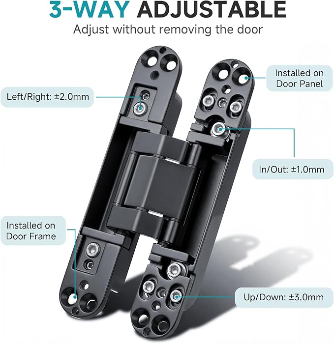 6" Hidden Door Hinges, Invisible Concealed Hinges, 180° Swing Adjustable Butt Hinge, Silent Operation, Ideal for Secret Rooms, Bookcase Doors & More (Black, 2 Pack)