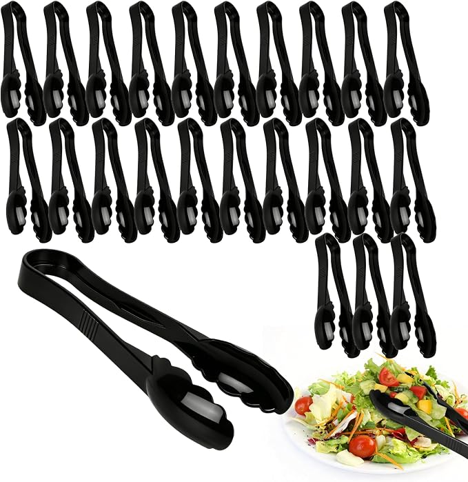24 Pack Plastic Tongs for Serving, 9 Inch Heavy Duty Hard Plastic Serving Tongs with Scalloped Tips, Reusable or Disposable Serving Utensils for Buffets, BBQ, Bakery, Parties & Catering