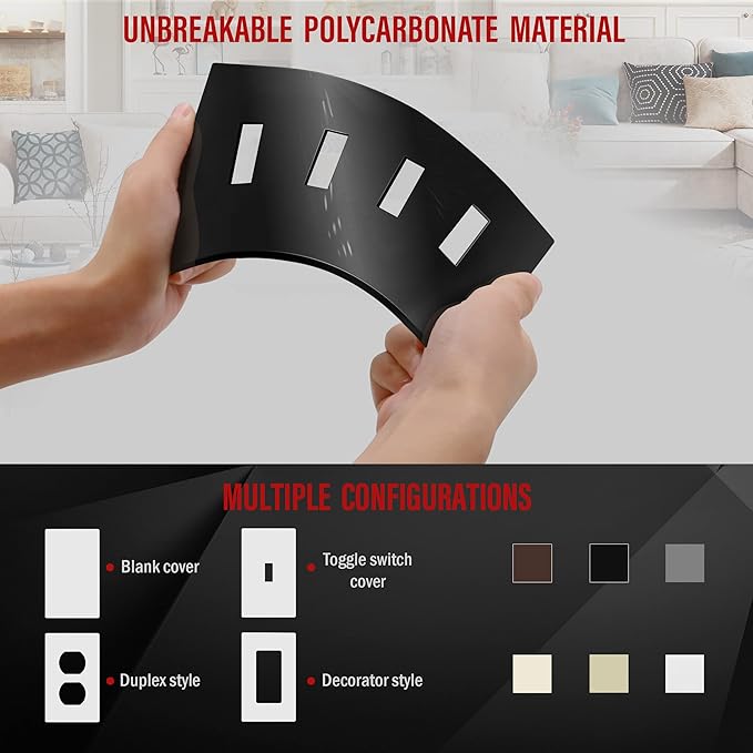 ENERLITES Screwless Quadruple Toggle Switch Wall Plate, Child Safe Light Switch Cover, Standard Size 4-Gang 4.68" x 8.38", Unbreakable Polycarbonate Thermoplastic, UL Listed, SI8814-BK, Glossy, Black