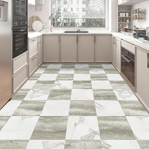 Art3d Peel and Stick Floor Tile, 30-Pack 12 x 12in. Covers 30 Sq.ft, Waterproof Vinyl Flooring Tiles Self Adhesive for Kitchen, Bathroom & Bedroom - White & Beige Marble (15 Tiles per Color)