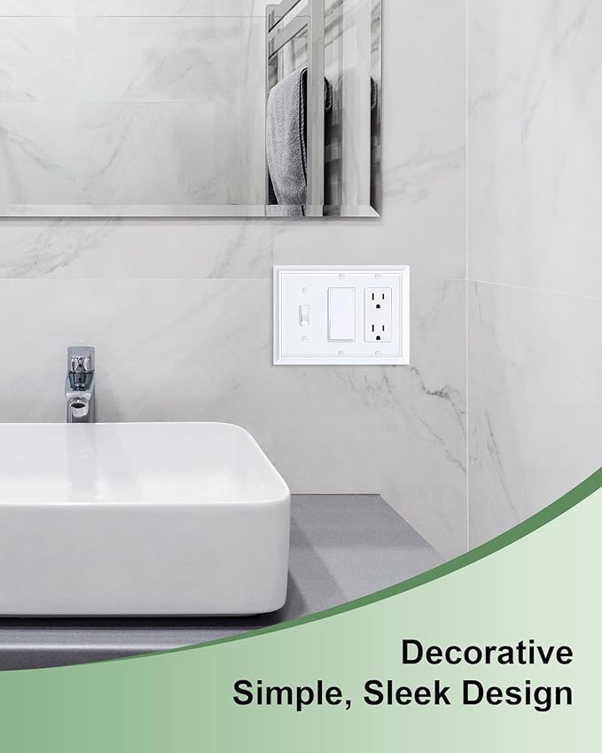 2-Pack Combo Toggle/Double Decorator Outlet Cover Plate, Pure White Decorative Switch Plates and Outlet Covers, Durable Natural Bamboo Fiber Wall Plates for Electrical Outlets, Receptacle, GFCI Outlet