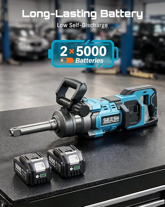 Seesii Cordless 1 inch impact gun 2581.47 FT-LBS(3500 N.m) High Torque Impact Wrench 7.88" Extended Anvil with 21V 2x5.0 Ah Battery, 5 Sockets&storage bag, for Truck,Tractor&Agri-Service,Construction