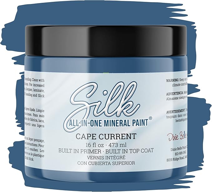 Dixie Belle Silk All-in-One Mineral Paint - Cape Current (16oz) - Sapphire Blue Water Based Built-In Primer + Topcoat for Wood + Metal - Durable Furniture Paint - Low Reflective Finish
