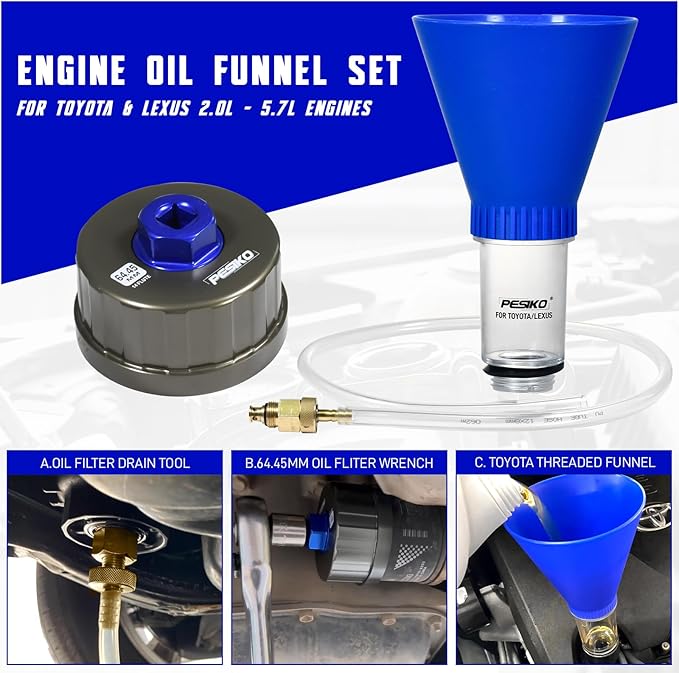 64mm Oil Filter Wrench, Drain Hose & Engine Oil Funnel for Toyota | Oil Filter Remover Tool, CNC Aircraft Aluminum, Lexus and Scion 2.0-5.7L Engine Cartridge Style