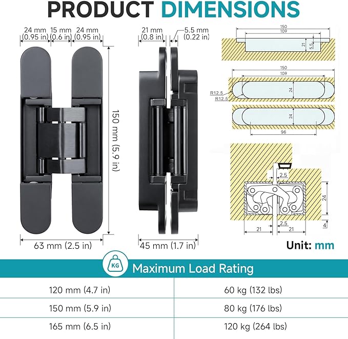 6" Hidden Door Hinges, Invisible Concealed Hinges, 180° Swing Adjustable Butt Hinge, Silent Operation, Ideal for Secret Rooms, Bookcase Doors & More (Black, 2 Pack)