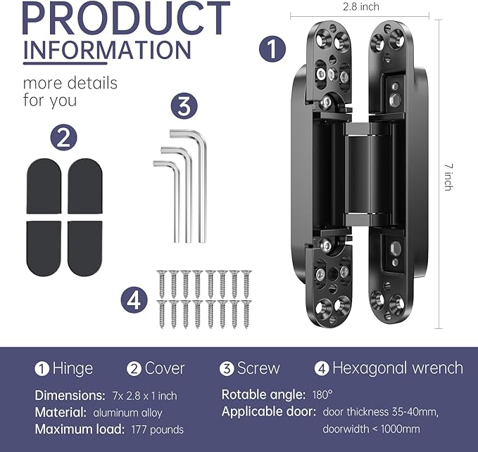 4-Pack 7 inch Hidden Hinges for Doors Invisible Hinges Concealed Zinc Alloy 180 Degree Swing 3 Way Adjustable Butt Silent Door Hinge 7 x 2.8 x 1 inch (Black