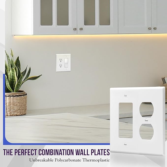 ENERLITES Combination Duplex Receptacle Outlet/Decorator Rocker Light Switch Wall Plate Cover, Midway Size 2-Gang 4.88" x 4.92", Polycarbonate Thermoplastic, UL Listed, 882131M-W, White