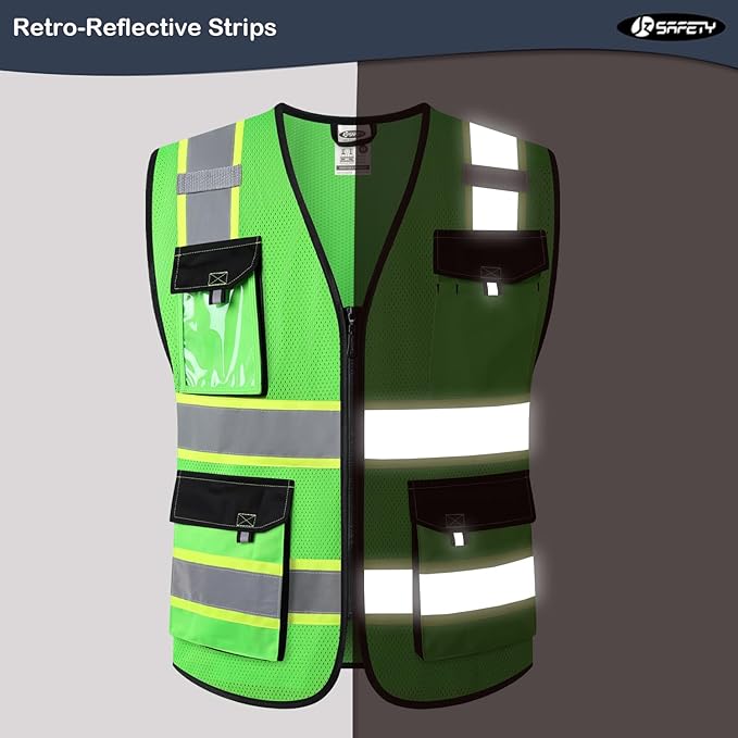 JKSafety Hi Vis Reflective Safety Vests for Men Women High Visibility Vest with Pockets Mesh Fabric Construction Safety Apparel Neon Vest for Work (220-Green L)