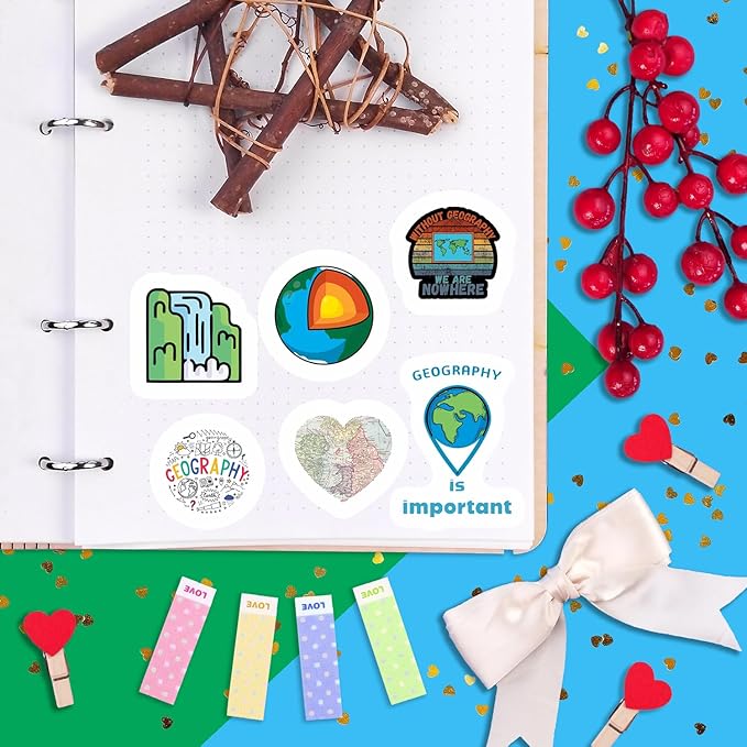 BulbaCraft 100Pcs Geography Stickers for Water Bottle and Laptop - Geography Party Supplies & Decorations, Waterproof Vinyl Decals, Maps and Landmarks Stickers, Gifts for Women & Men