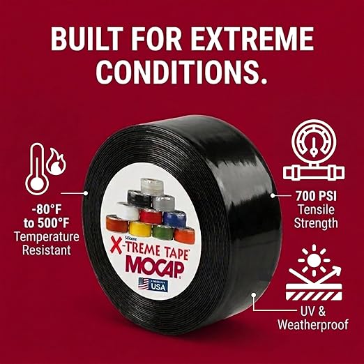 X-Treme Tape MOCAP Heavy Duty Electrical Tape, Self-Fusing Silicone Rubber, Waterproof & Insulating Flexible Tape, Electrical for Hose, Automotive, Outdoor & Repairs - 1" x 10ft Roll - Black