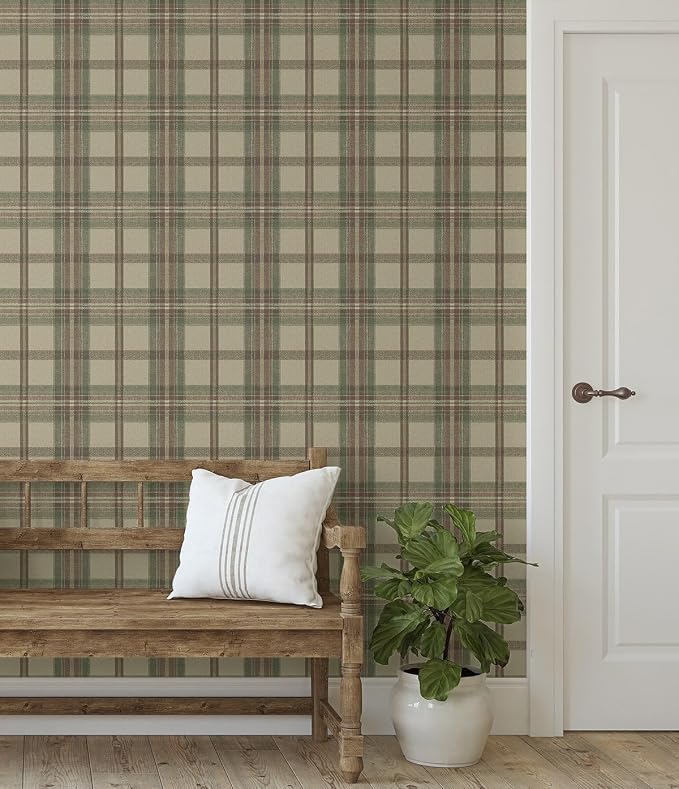 NextWall Harry & Grace Herringbone Plaid Premium Matte Non-Woven Peel and Stick Wallpaper (Clay & Sage)