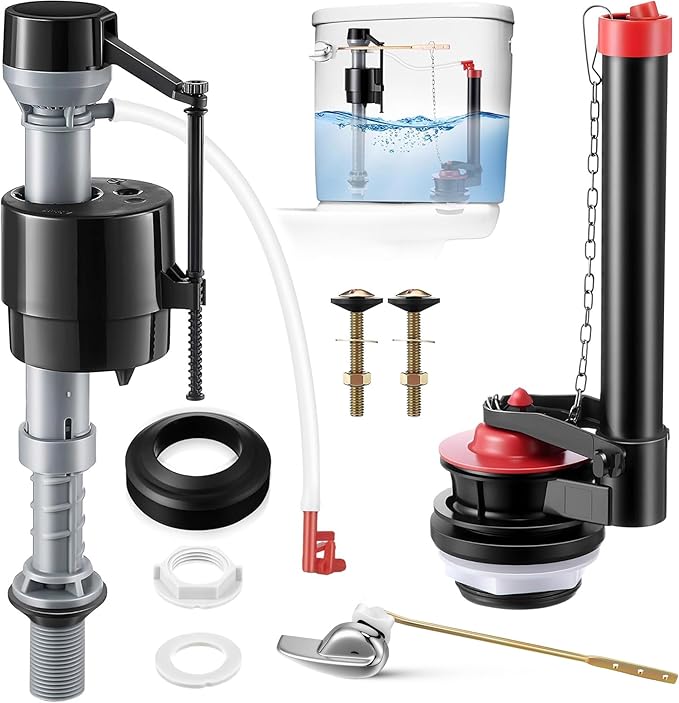 2 Inch Toilet Flusher Replacement Kit, Toilet Flusher Repair Kit Include Adjustable Fill Valve with Flapper, Metal Front Flush Handle, Gasket and Bolts, Anti-Siphon Repair Parts Tank(1 Set)