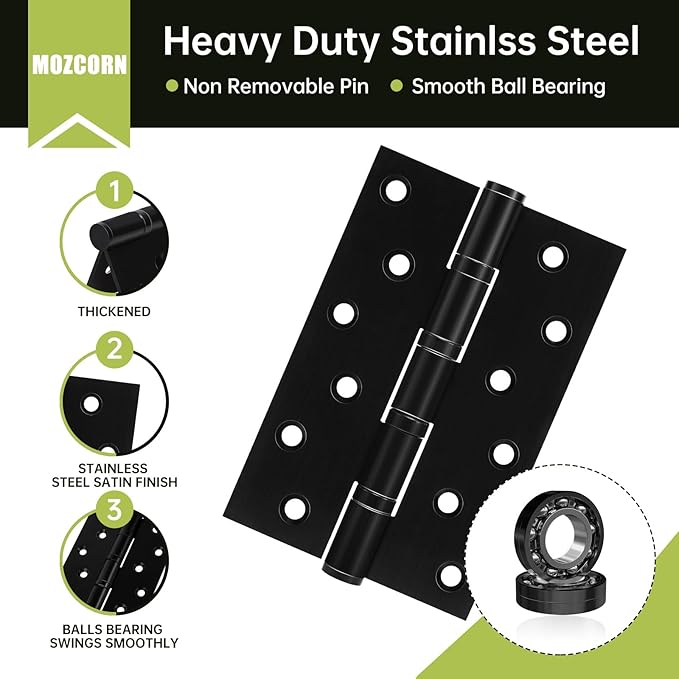 3 Pack Black Door Hinges 6 Inches Ball Bearing Hinges Heavy Duty Stainless Steel Hinge with Screws, Square Corner, Smooth and Quiet