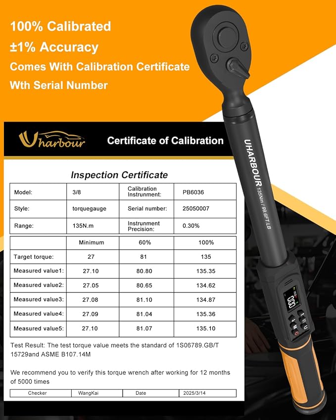 Uharbour 3/8" Drive Digital Torque Wrench 1.5-99.5 ft-lbs/6.8-135Nm | ±1% Accuracy Electric Wrench, Dual Direction Ratchet, Vibration & LED Alert