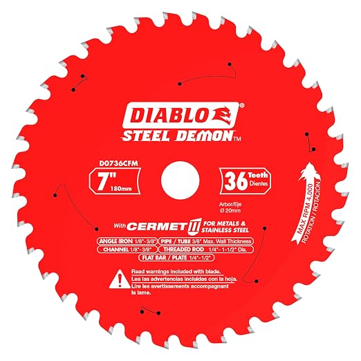 Diablo Steel Demon Cermet II Saw Blade for Thick Metal - 7" Diameter, 36 TCG Teeth, 20mm Arbor, .075" Kerf, 0° Hook Angle, .063" Plate, 5800 Max RPM - D0736CFM