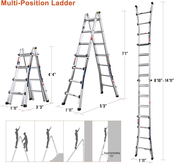 15FT Adjustable Folding Multi-Position Ladder,A Frame 4-Step Anti-Slip Ladder with Aluminum Joint,Silver,ANSI Type 1A, 300 lbs Load Capacity,Welding Construction (YQGNT-4540)
