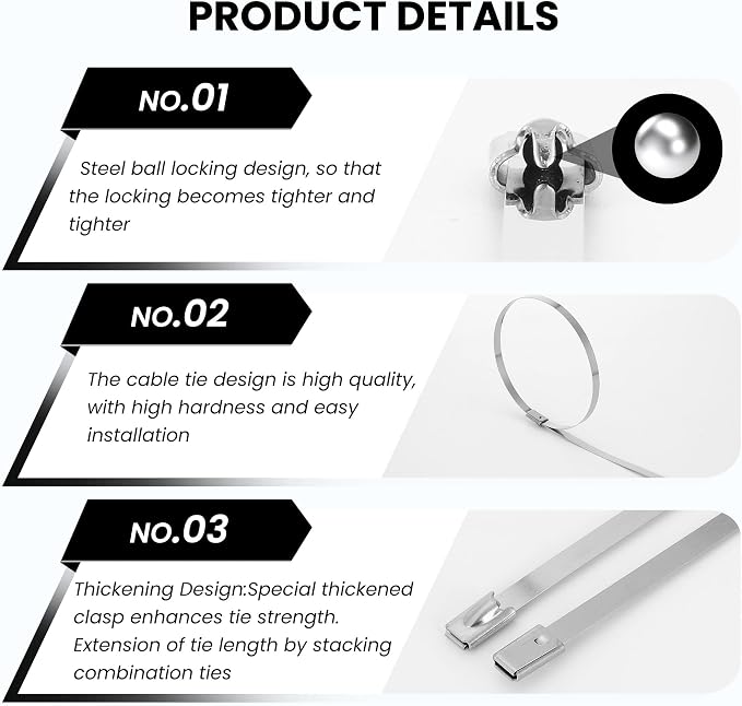 100 PCS 11.8 Inch 304 Stainless Steel Metal Zip Ties – Heavy Duty Outdoor Cable Ties with Self-Locking Design for Machinery, Vehicles, Farms, Pipes, Roofs, Cables