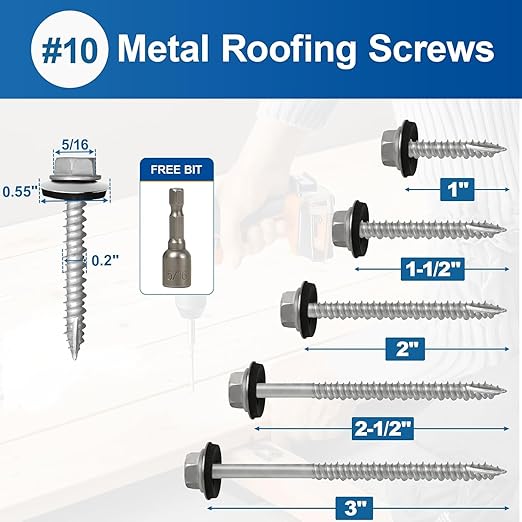 FMhotu Metal Roofing Screws #10×1-1/2Inch, 1000-PCS, Hex Head Rustpert Coating Sheet Metal to Wood Siding Screw with EPDM Rubber Washer, Sharp Point, Hex Socket Included