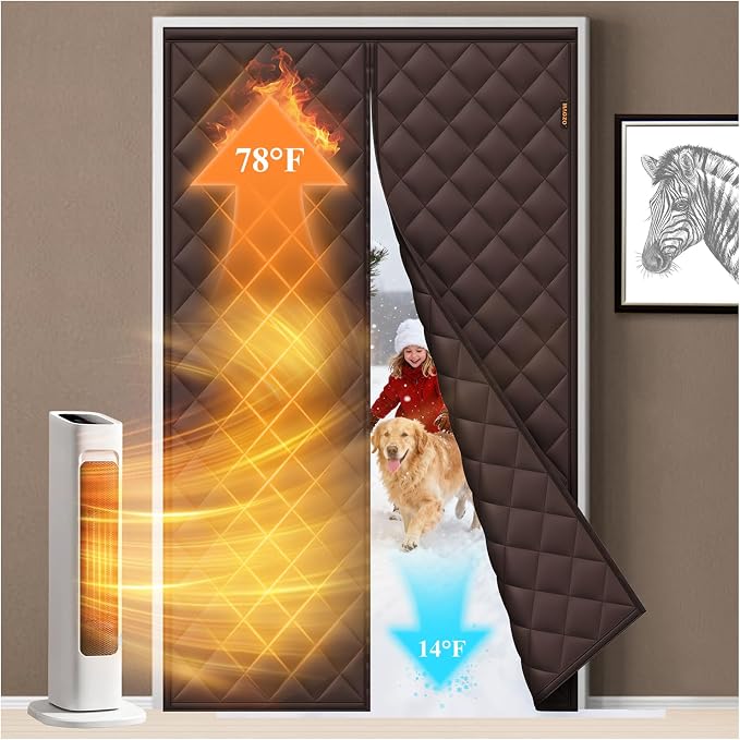 MAGZO Magnetic Thermal Insulated Door Curtain, Fits 36" x 96" Door, Brown | Curtain Size 38'' x 98'', High Quality Weatherproof Oxford Filled with Cotton, Daily Use by Humans&Pets, Long Service Life