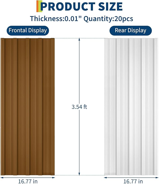 20 Pcs Metal Roofing Panels – Heavy Duty Galvanized Steel Corrugated Roof Panels, Waterproof & Rustproof for Carport, Tool Shed, Patio, Pergola, Easy DIY Installation, 42.52 in x 16.77 in