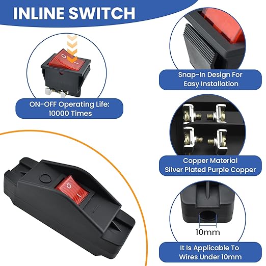 16A 220V Inline Cord Switch, On/Off Rocker Appliance Switch with LED Light, Waterproof Inline for High Power Lamps, Industrial Equipment & Home Appliances