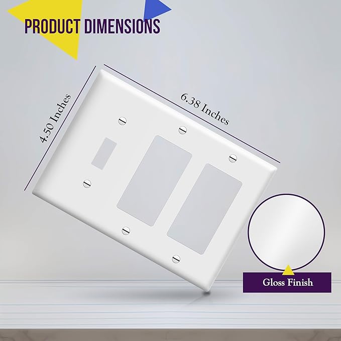 ENERLITES Combination Single Toggle/Double Decorator Rocker Outlet Wall Plate, Standard Size 3-Gang Light Switch Cover (4.5" x 6.38"), Polycarbonate Thermoplastic, UL Listed, 881132-W, White, 2 Pack