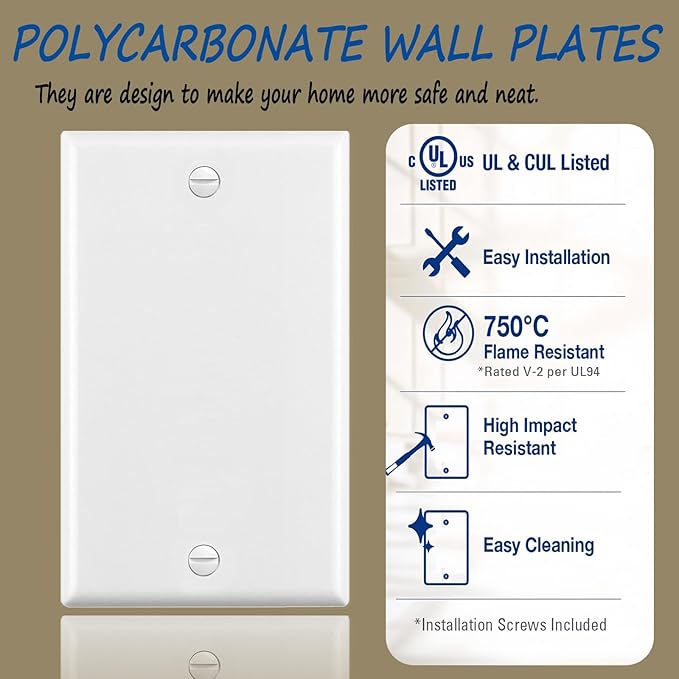 No Device Blank Wallplate,Standard Size 1-Gang 4.50" x 2.76",Smooth Face,Unbreakable Polycarbonate Thermoplastic,UL Listed,2-Pack