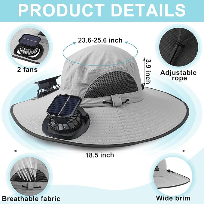 Glitopper 2 Set Wide Brim Solar Fan Hats with 2 Solar Fan and Arm Sleeves Set Outdoor Fishing Bucket Hat for Men Women Hiking