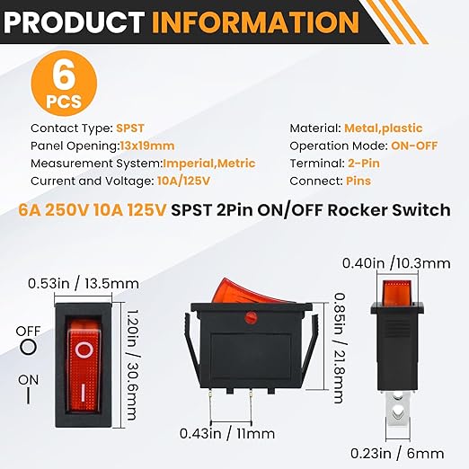 2 Pin 2 Position Boat Shaped Rocker Switch, KCD3-101 ON/Off Snap in Toggle Switch, AC 250V/15A 125V/20A Red Rocker Switch Toggle for Car Auto Boat Household Appliances (Red 6 Pack)