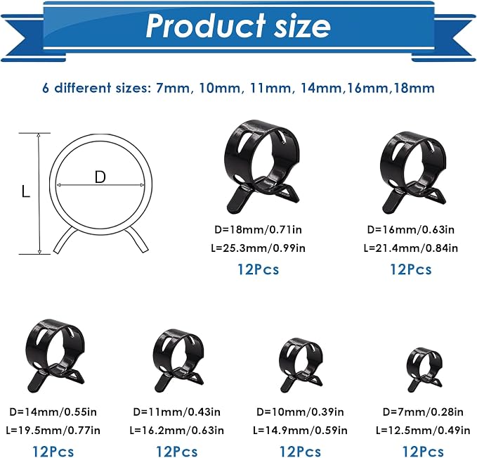 72Pcs Spring Hose Clamps Fuel Line Silicone Vacuum Hose Low Pressure Air Clamps & Sleeving Automotive Replacement Fastener Assortment Kit 6 Sizes (7mm 10mm 11mm 14mm 16mm 18mm) Black