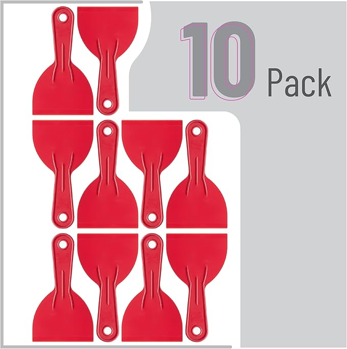 Bates- Plastic Putty Knife Set, 5 Inch, 10 Pack, Red, Flexible Paint Scraper Tool for Spackling, Spackle Tool, Plastic Putty Knife Scraper, Solvent Resistant