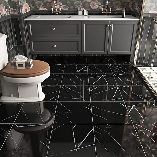 WESTICK 5 Pack Black Marble Vinyl Floor Tile Peel and Stick Flooring Luxury Bathroom Floor Tiles Peel and Stick Waterproof Kitchen Self Sticky Vinyl Flooring Tiles for Bedroom Basement 12" x 12"