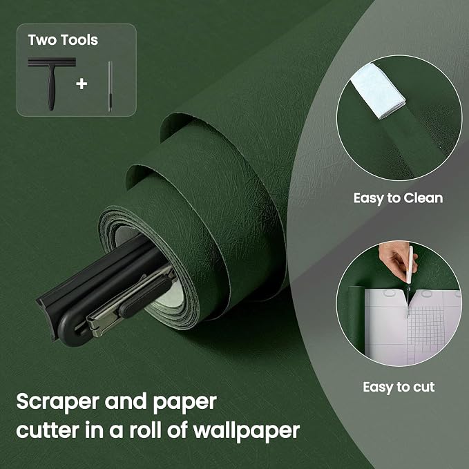 Dark Green Peel and Stick Wallpaper Removable Silk Texture Contact Paper | 15.7" X 196.8" Removable Self Adhesive Textured Wallpaper Covering for Bedroom with Scraper, Paper Cutter