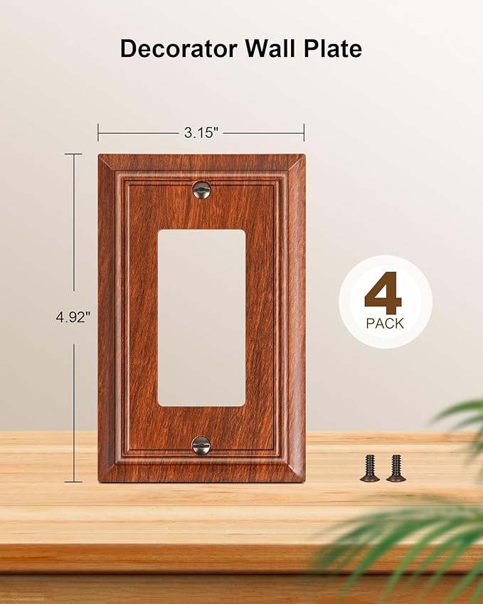 4-Pack Decorator Outlet Cover Plate, Wood Grain Decorative Switch Plates and Outlet Covers, Durable Natural Bamboo Fiber Wall Plates for Electrical Outlets, Receptacle, GFCI Outlet, Dimmer Switch