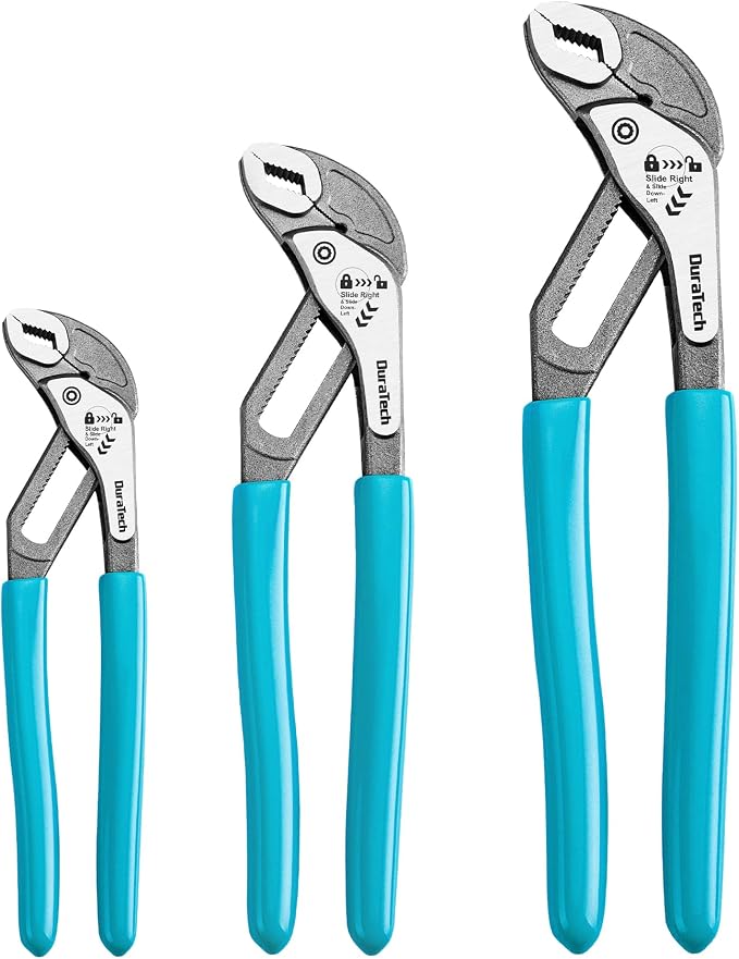 DURATECH 3-Piece Water Pump Pliers Set(8", 10", 12"), Groove Joint Pliers | Quick-Adjust, Slide-to-Unlock Mechanism, V-Jaw Design, Cr-V Steel, For Plumbing, Automotive, and Household Repairs