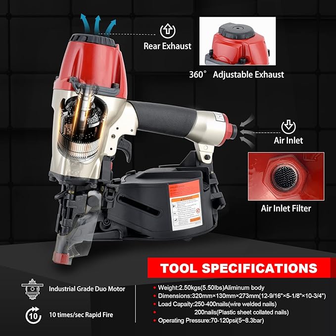 Siding Nail Gun CN565B, 15 Gauge 1-1/4-Inch to 2-1/2-Inch Pneumatic Coil Siding Nailer for Siding Sheathing Fencing Roof Decking