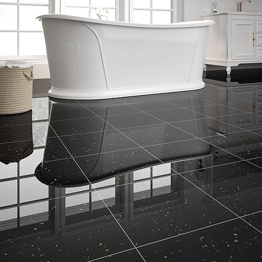 40-Pack 40 Sq.Ft Peel and Stick Floor Tiles Vinyl Glossy Pattern Flooring, 12” x 12” Self Adhesive Vinyl Flooring DIY for Kitchen, Bathroom, Laundry, Polish Black Galaxy Marble