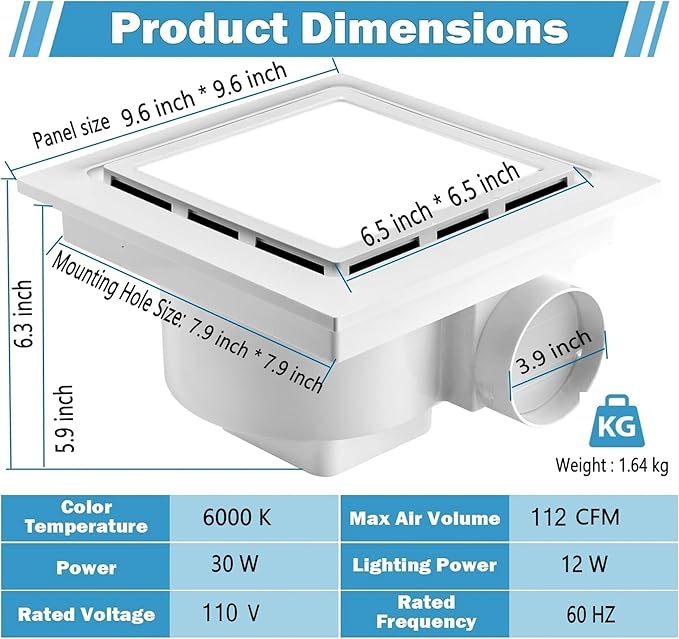 Nalle Ventilation Fans Bathroom Exhaust Fan with Light 9.6 inch Panel 6000K 12W Square LED 112 CFM 1.0 Sones 4 Inch Duct 110V Quiet Ceiling Mount Exhaust Fan for Shower,Bathroom,Office,Home (FFL-200)