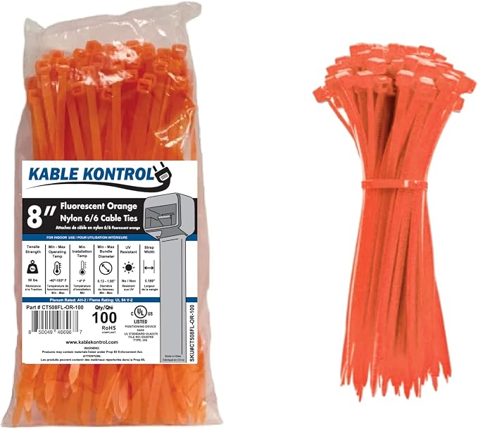 Kable Kontrol Fluorescent Orange Zip Ties 8 Inch 100 Pcs, 50 Lbs Tensile Strength, Self-locking Nylon Colored Cable Ties Wire Wraps for Indoor or Outdoor Use… | Nylon Plastic, Self Locking, UL Listed, Indoor Use