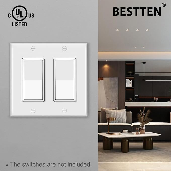 4 Pack BESTTEN 2-Gang Decorator Wall Plate, Standard Size, H4.53” x W4.57”, Unbreakable Polycarbonate Outlet and Switch Cover, UL Listed, White