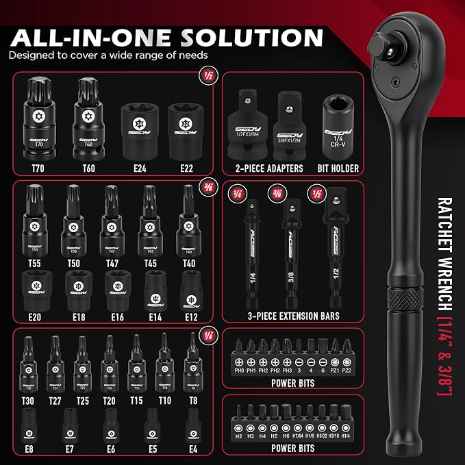54-Piece Master Torx Bit Socket Set, T8-T70 Star Bits and E4-E24 E-Torx Sockets, Ratchet Wrench, 1/4" Bit Holder, S2 Steel Bits, CR-V Sockets, Extension Bars and Adapters for Auto Repair
