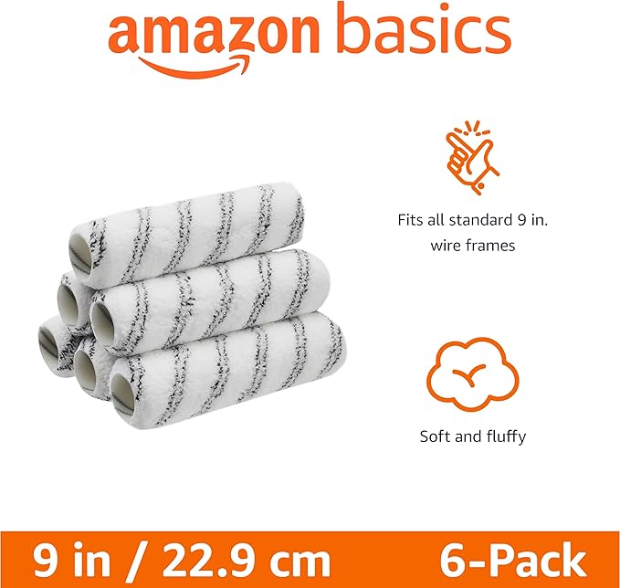 Amazon Basics Microfiber Paint Roller Covers for Painting Walls, Smooth Finish, Washable, 9" x 3/8", 6-Pack